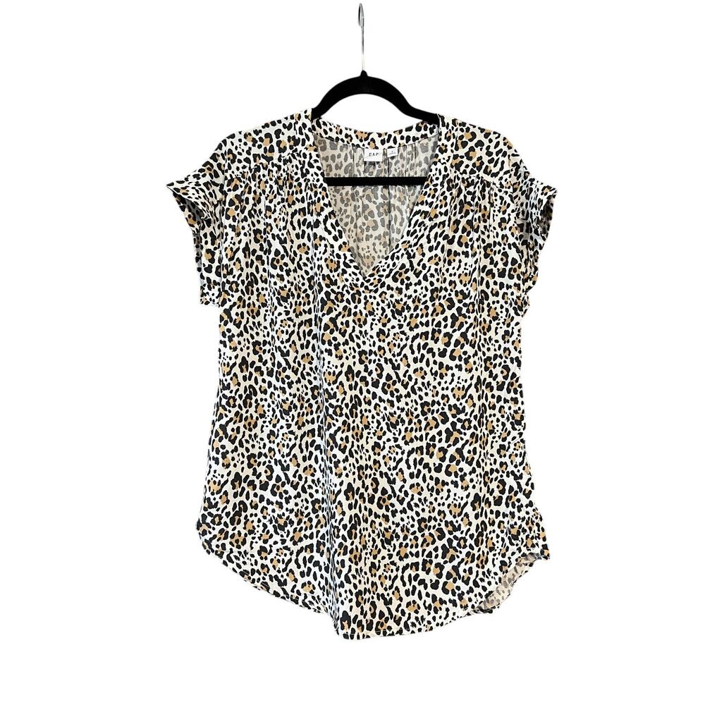 GAP Women’s Leopard Animal Print V-Neck Short Sleeve Relaxed Fit Blouse Size S